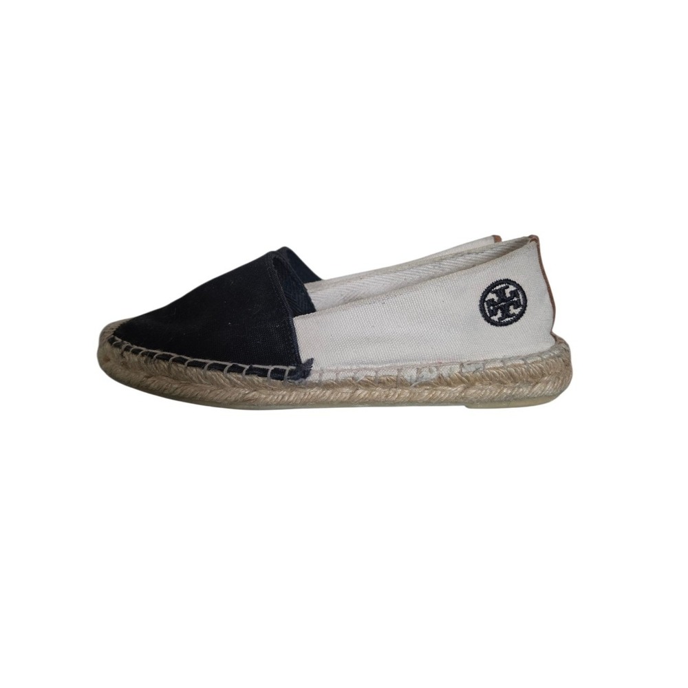 Tory Burch Canvas CreamBlack Boho Cottagecore Logo Slip on Loafers Espadrilles 5